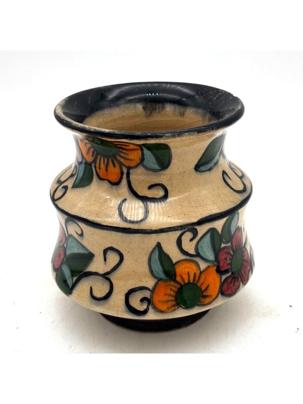 Vintage Hand Painted Floral Pottery Vase Multicolor Flowers Boho Rustic Decor